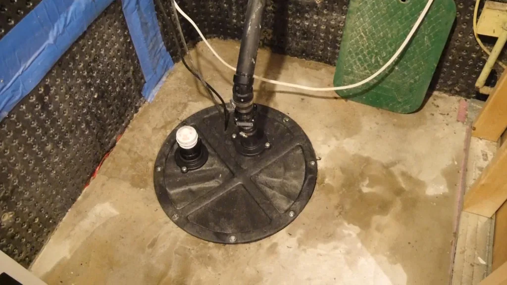 Installed basement sump pump basin with discharge piping