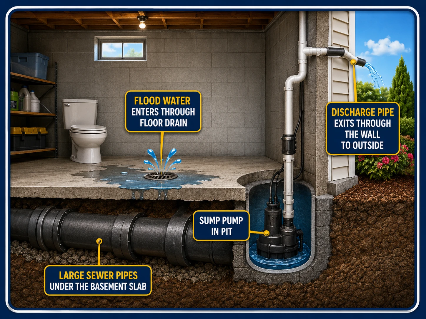 Sump pump system installed in a basement