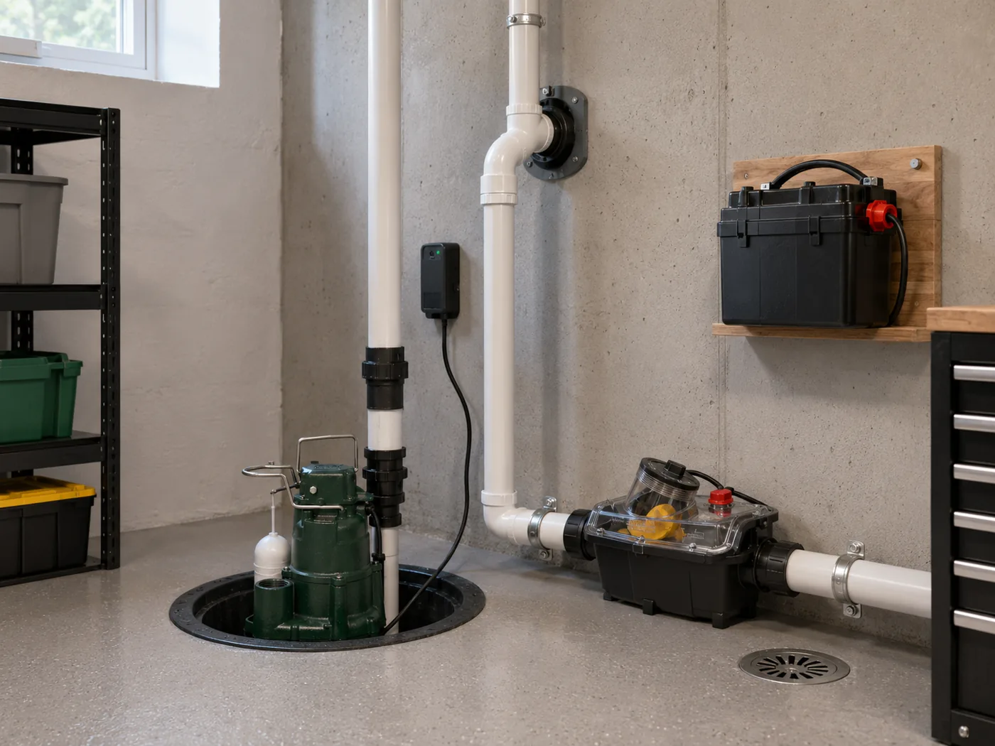 Sump pump and battery backup equipment