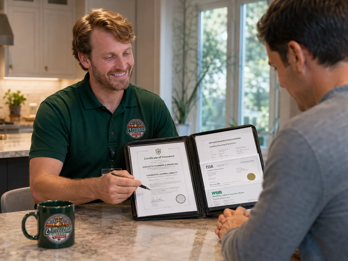 Ouellette Plumbing advisor showing insurance, licence and safety documentation.